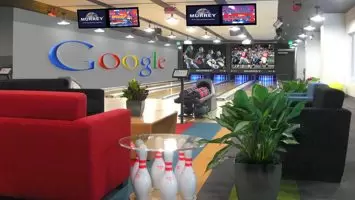 An image of the Bowling Alley installed by Murrey Bowling at Google's headquarters in Mt. View, California